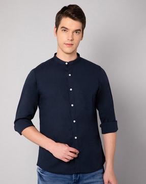 mandarin-collar patch pocket shirt