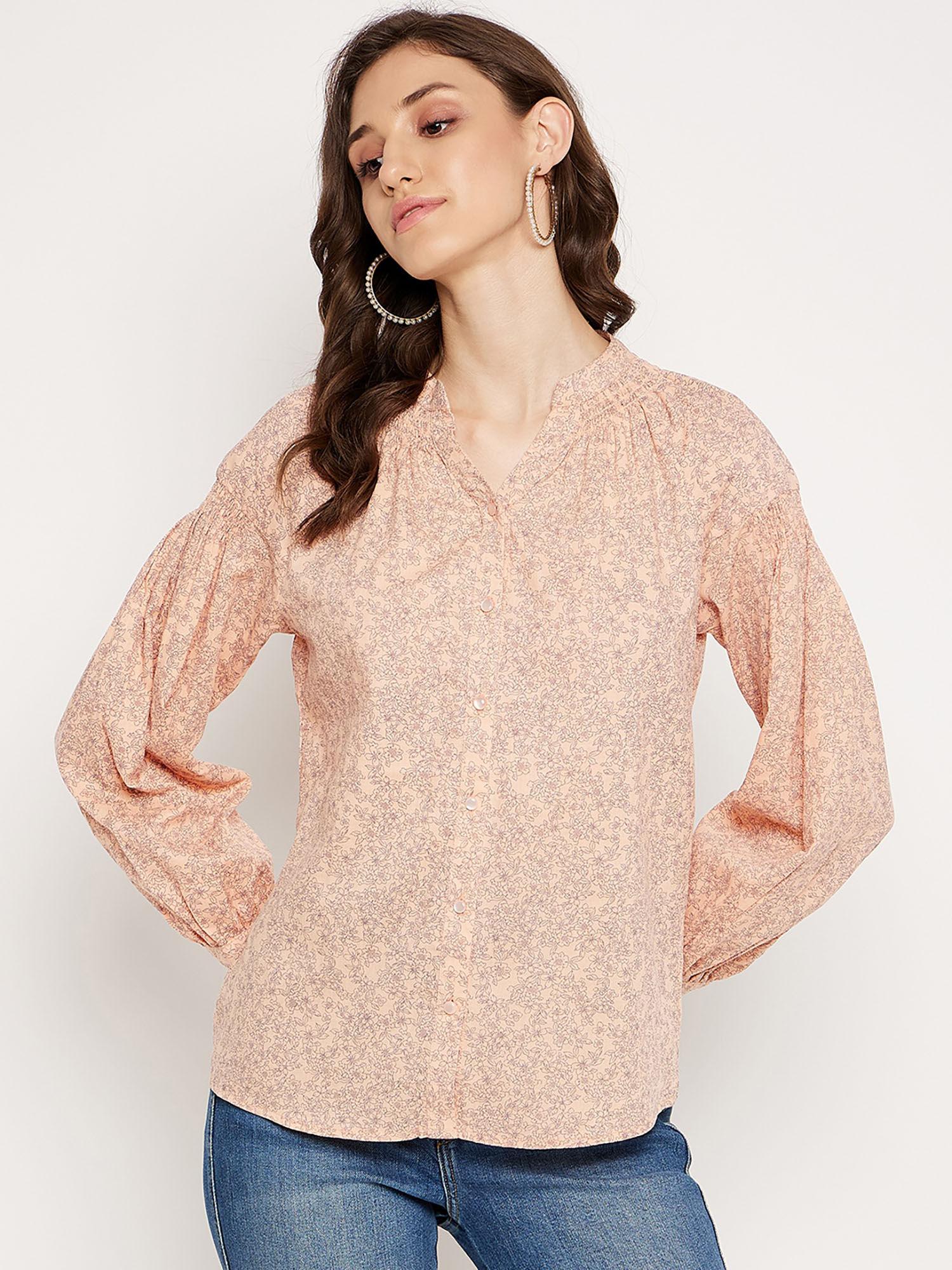 mandarin collar peach floral shirt