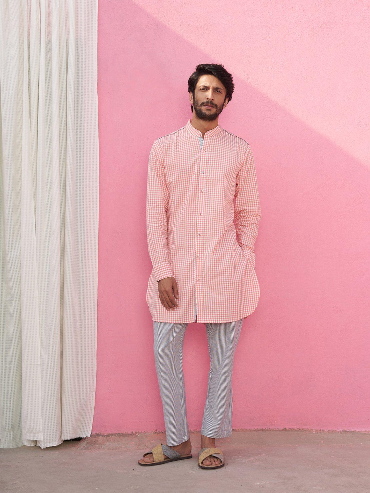 mandarin collar pink gingham checks kurta with straight pants (set of 2)
