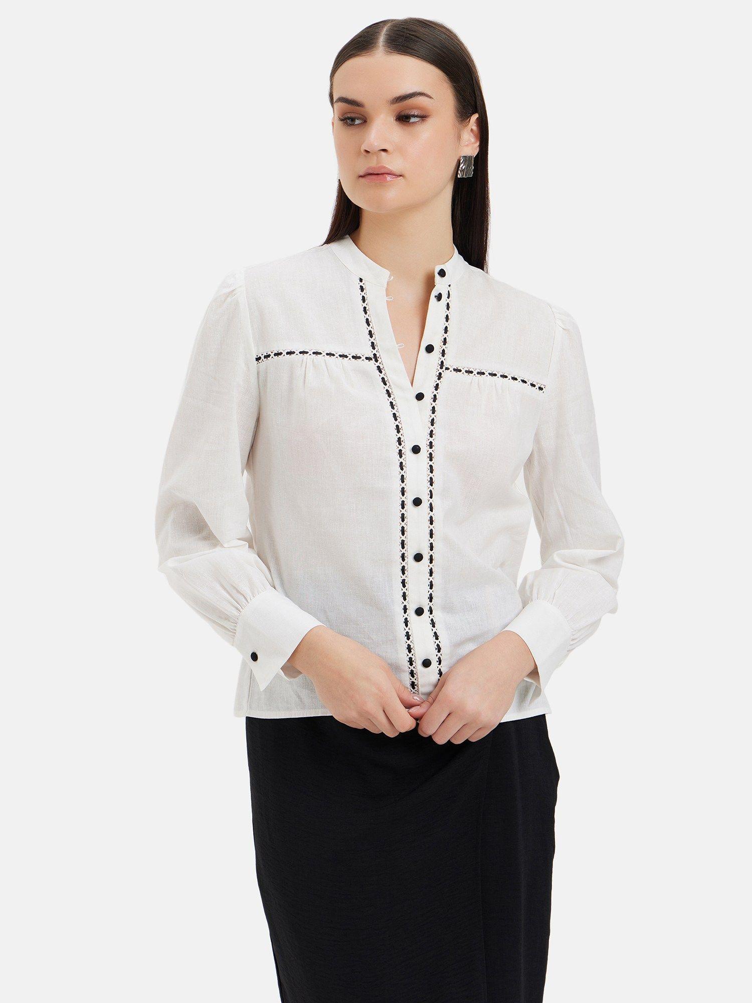 mandarin collar shirt with contrast embroidered highlighting