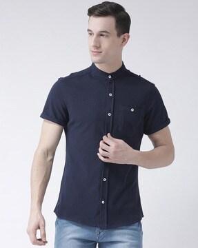 mandarin collar shirt with patch pocket