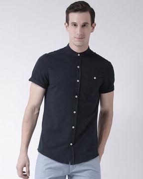 mandarin collar shirt with patch pocket