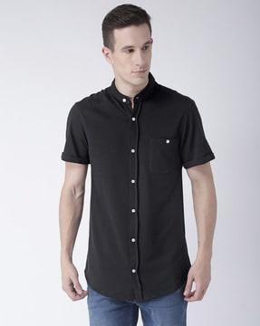 mandarin collar shirt with patch pocket