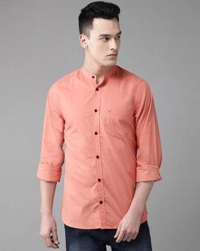 mandarin collar shirt with patch pocket