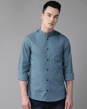 mandarin collar shirt with patch pocket