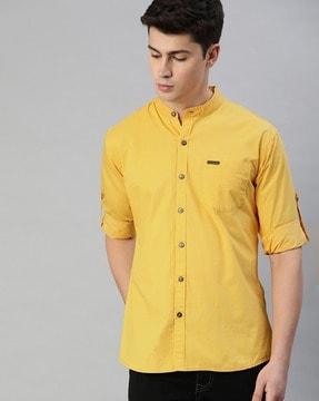 mandarin collar shirt with patch pocket