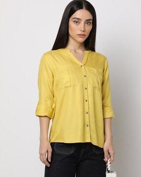 mandarin-collar shirt with patch pockets