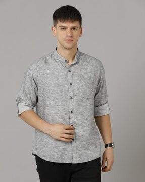 mandarin-collar shirt with roll-up sleeves