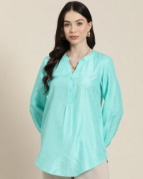 mandarin-collar shirt with short button-down