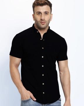 mandarin collar shirt with short sleeves