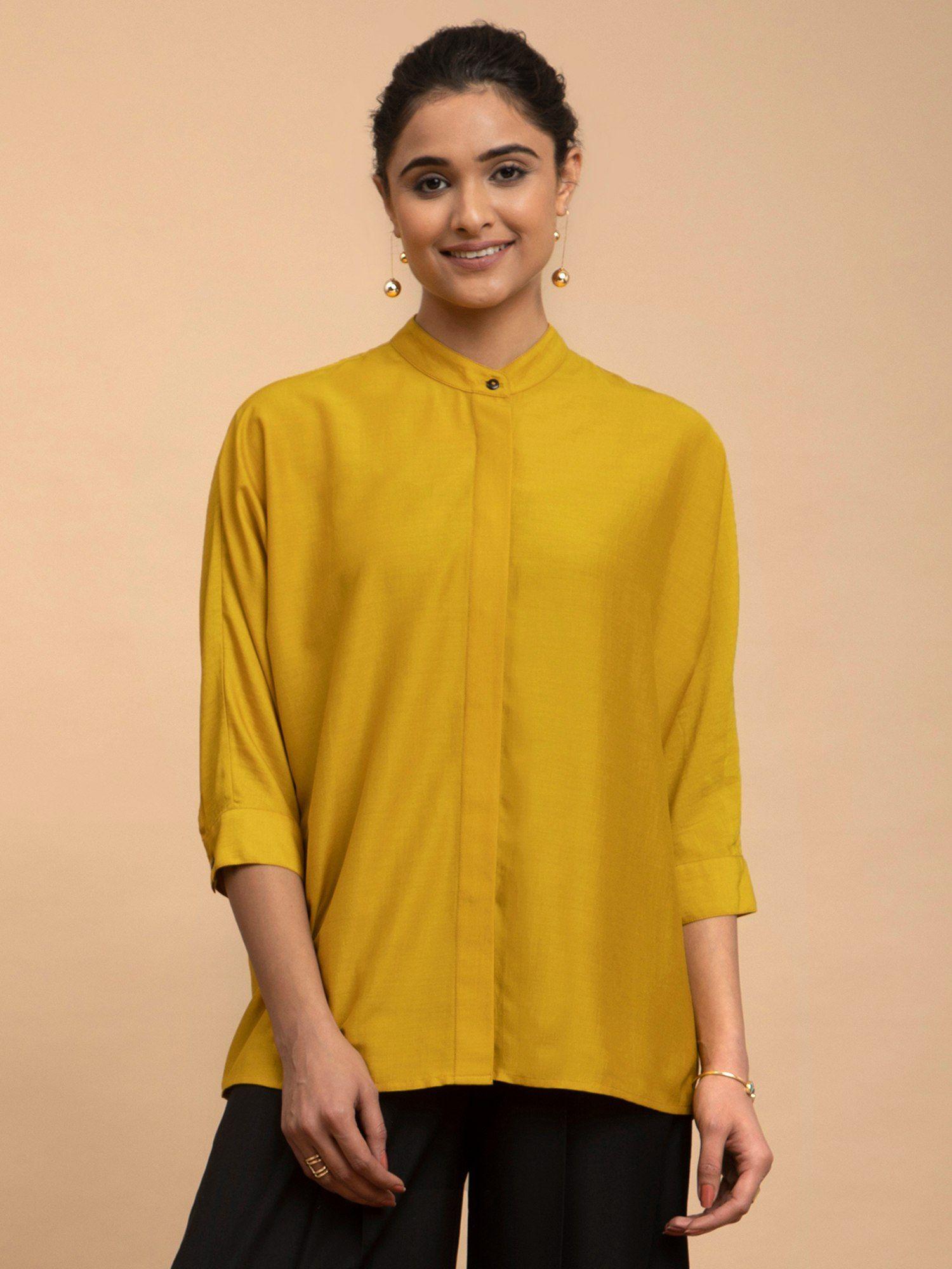 mandarin collar silk shirt-yellow