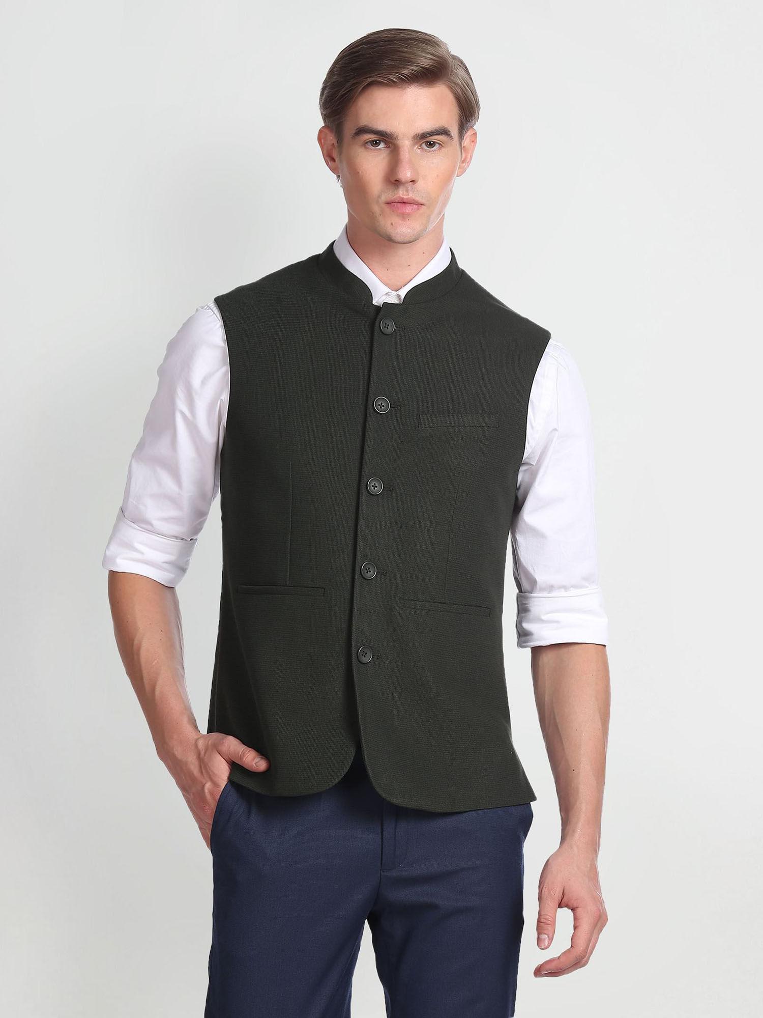 mandarin collar sleeveless nehru jacket- green