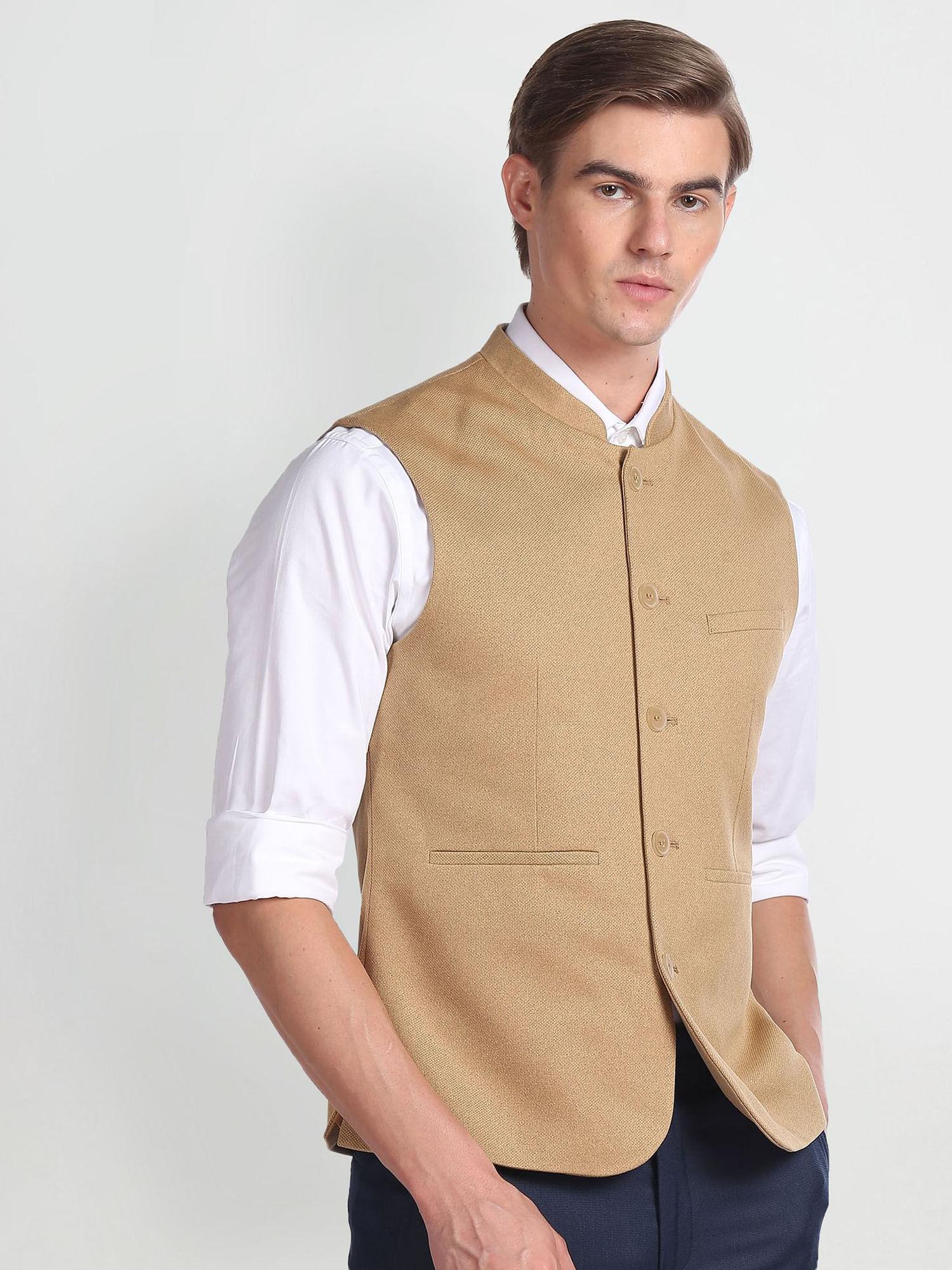 mandarin collar sleeveless nehru jacket-brown