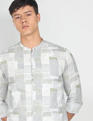 mandarin collar slub abstract print casual shirt