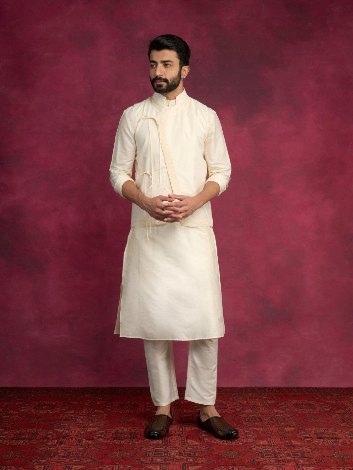 mandarin collar straight kurta-cream (set of 2)