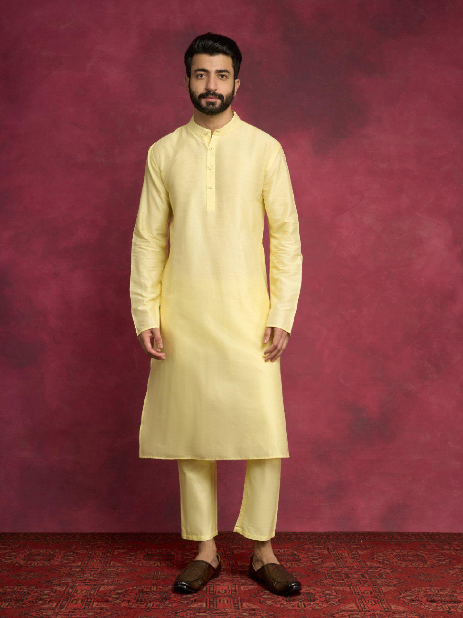 mandarin collar straight kurta-lemon yellow