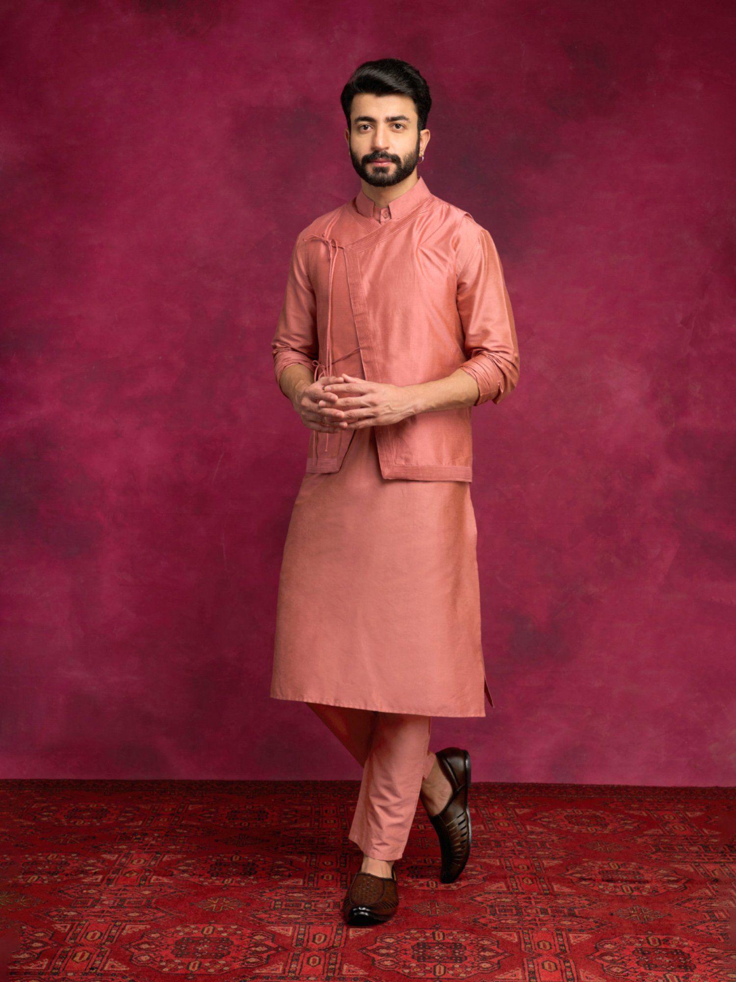 mandarin collar straight kurta-rose brown (set of 2)