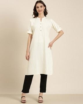 mandarin-collar straight kurta with roll-up sleeves