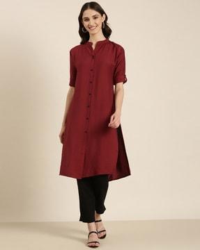 mandarin-collar straight kurta with roll-up sleeves