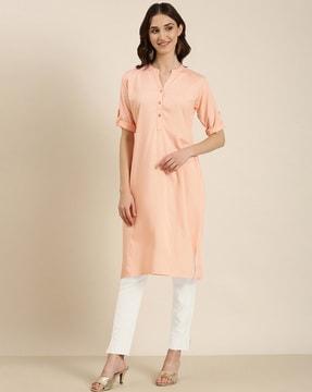 mandarin-collar straight kurta with roll-up sleeves