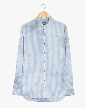 mandarin collar stripped cotton shirt