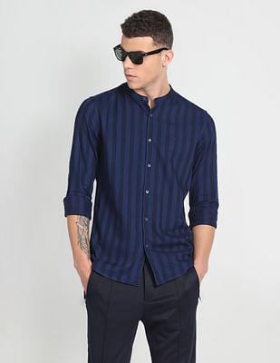 mandarin collar vertical stripe shirt