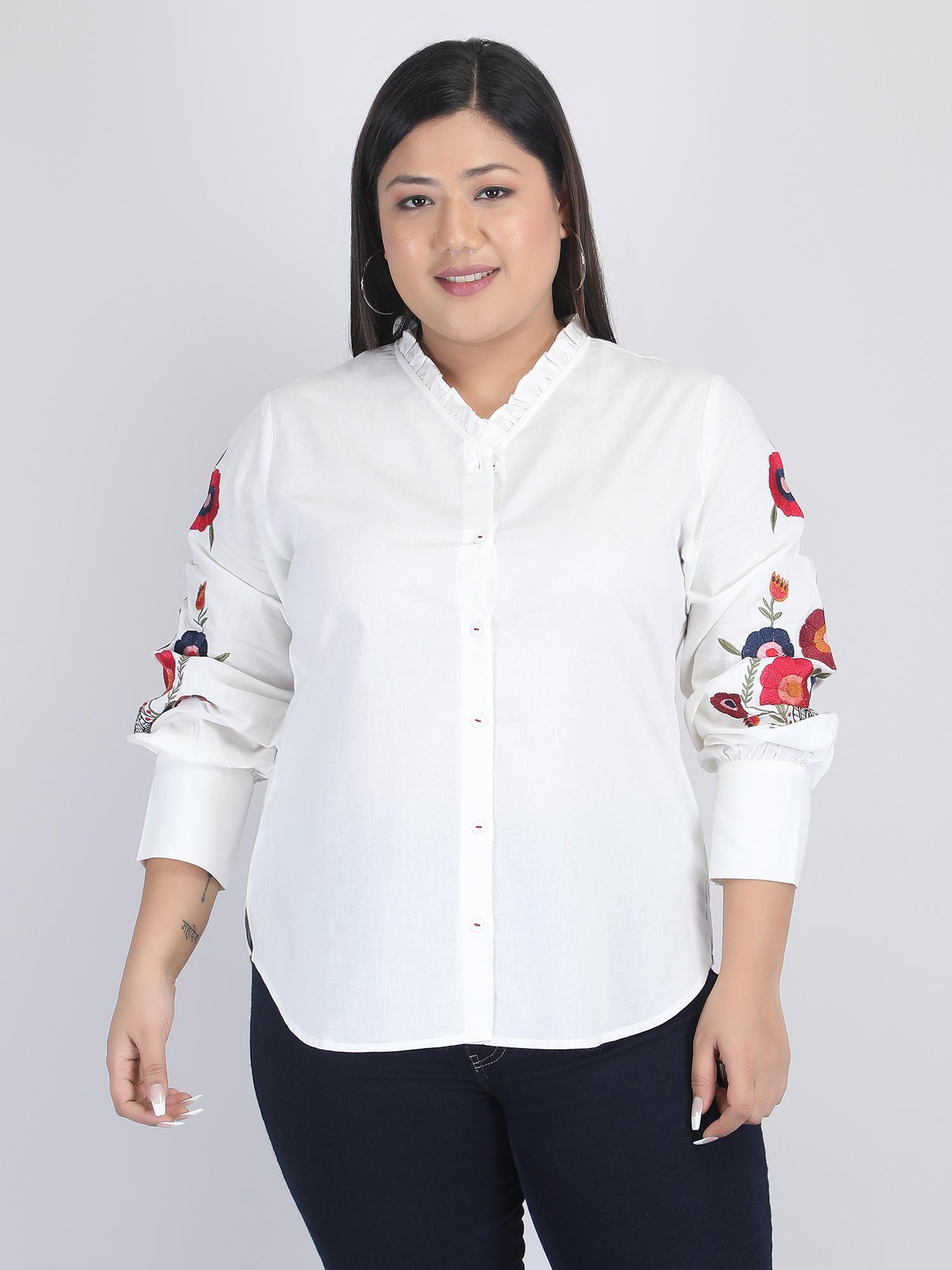 mandarin collar white solid long sleeves casual shirts for women