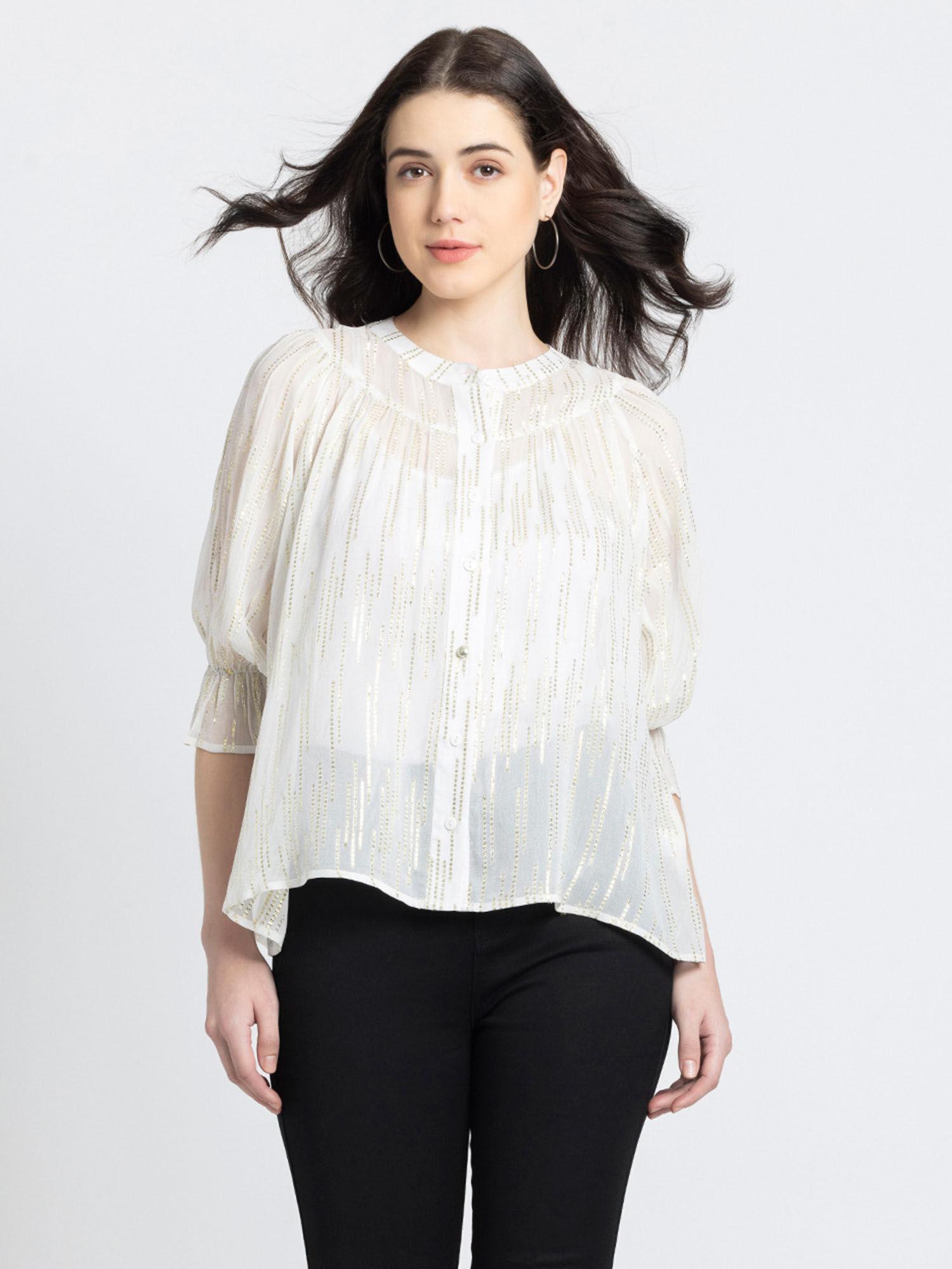 mandarin collar white solid three-quarter sleeves party shirt for women