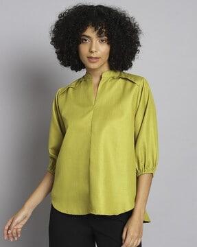 mandarin collared top with puffed sleeves