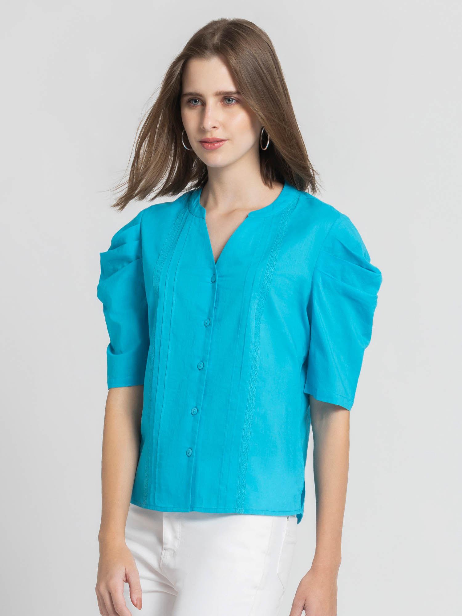 mandarin neck blue solid short sleeves casual top