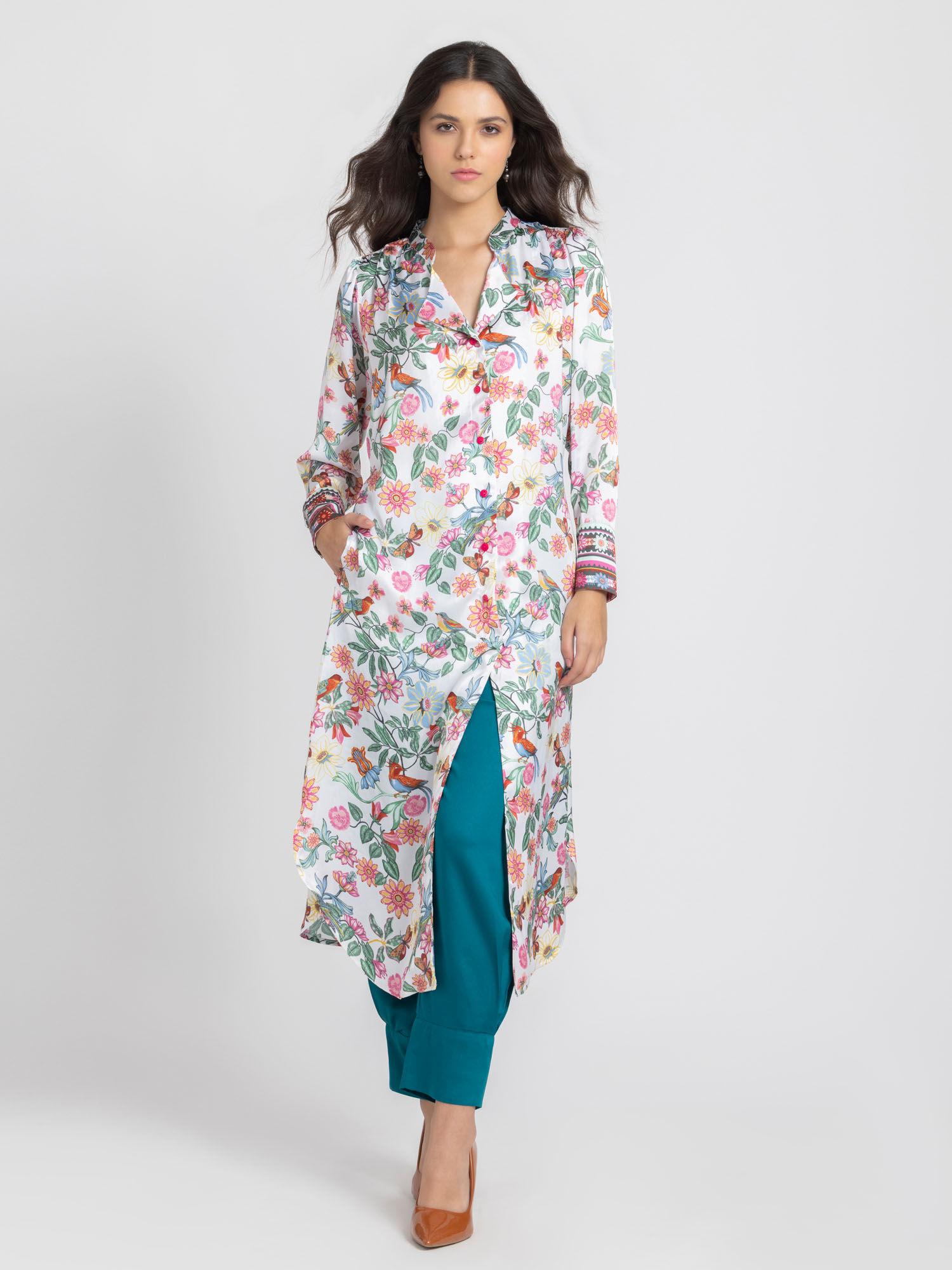 mandarin neck multi-color printed long sleeves casual kurta for women