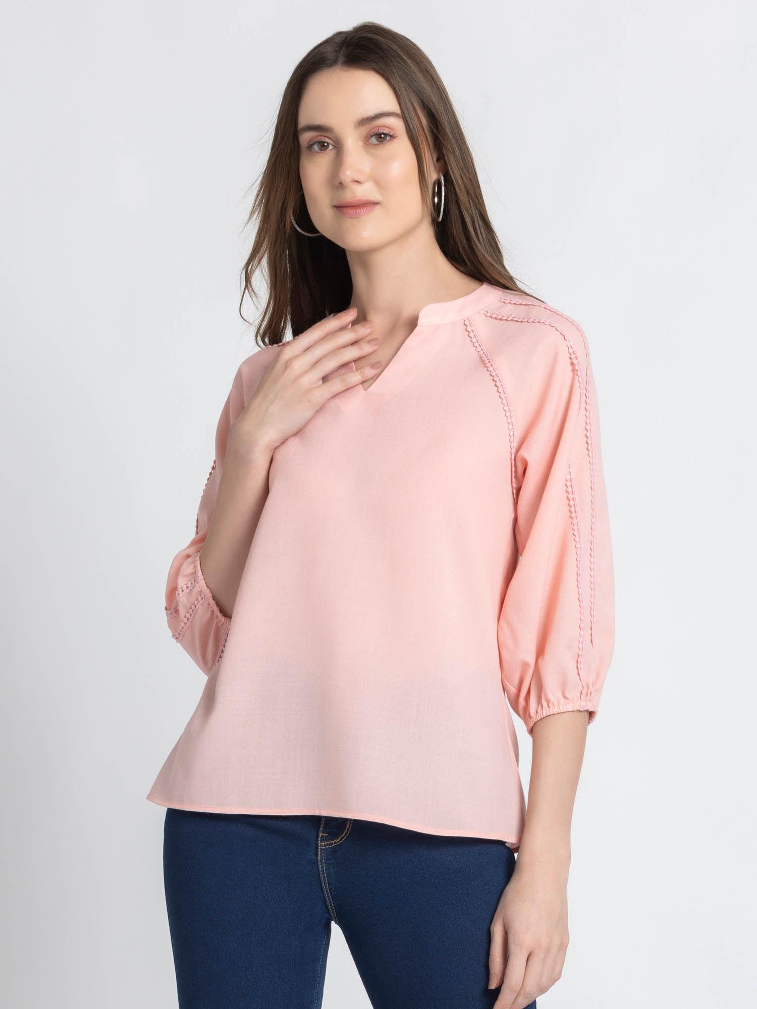 mandarin neck peach solid three-quarter sleeves casual top