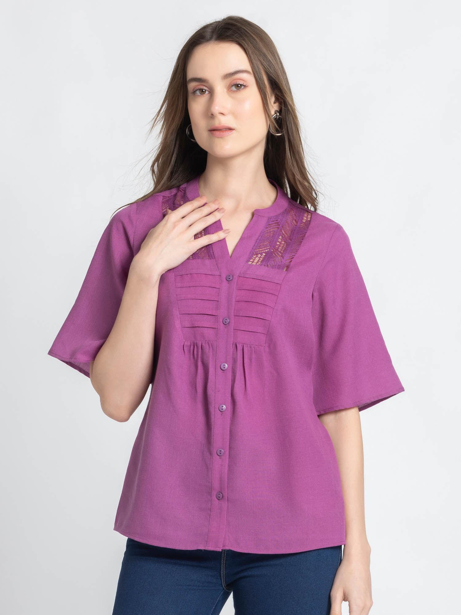 mandarin neck purple solid short sleeves casual top