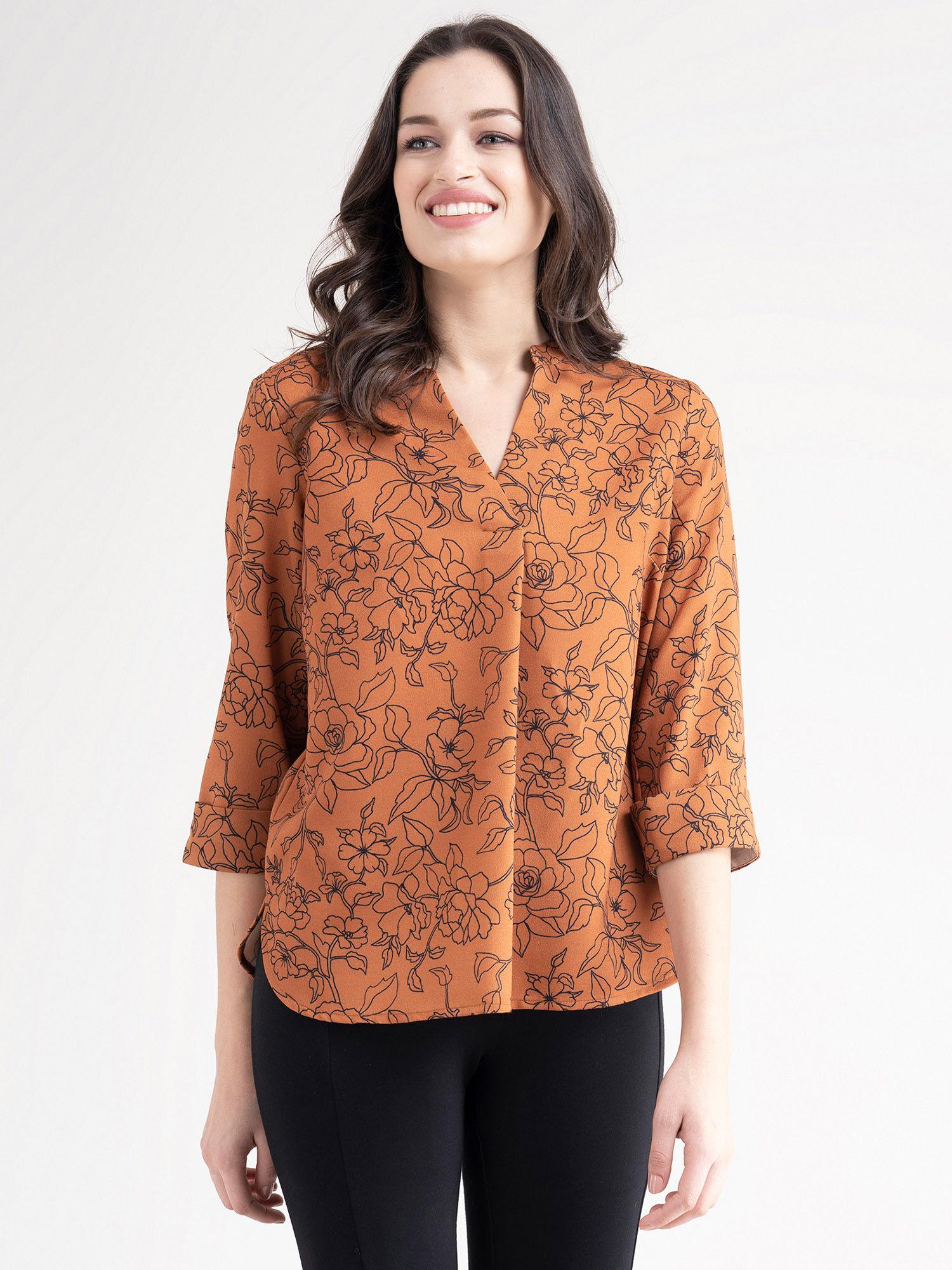 mandarin v neck floral top rust and black