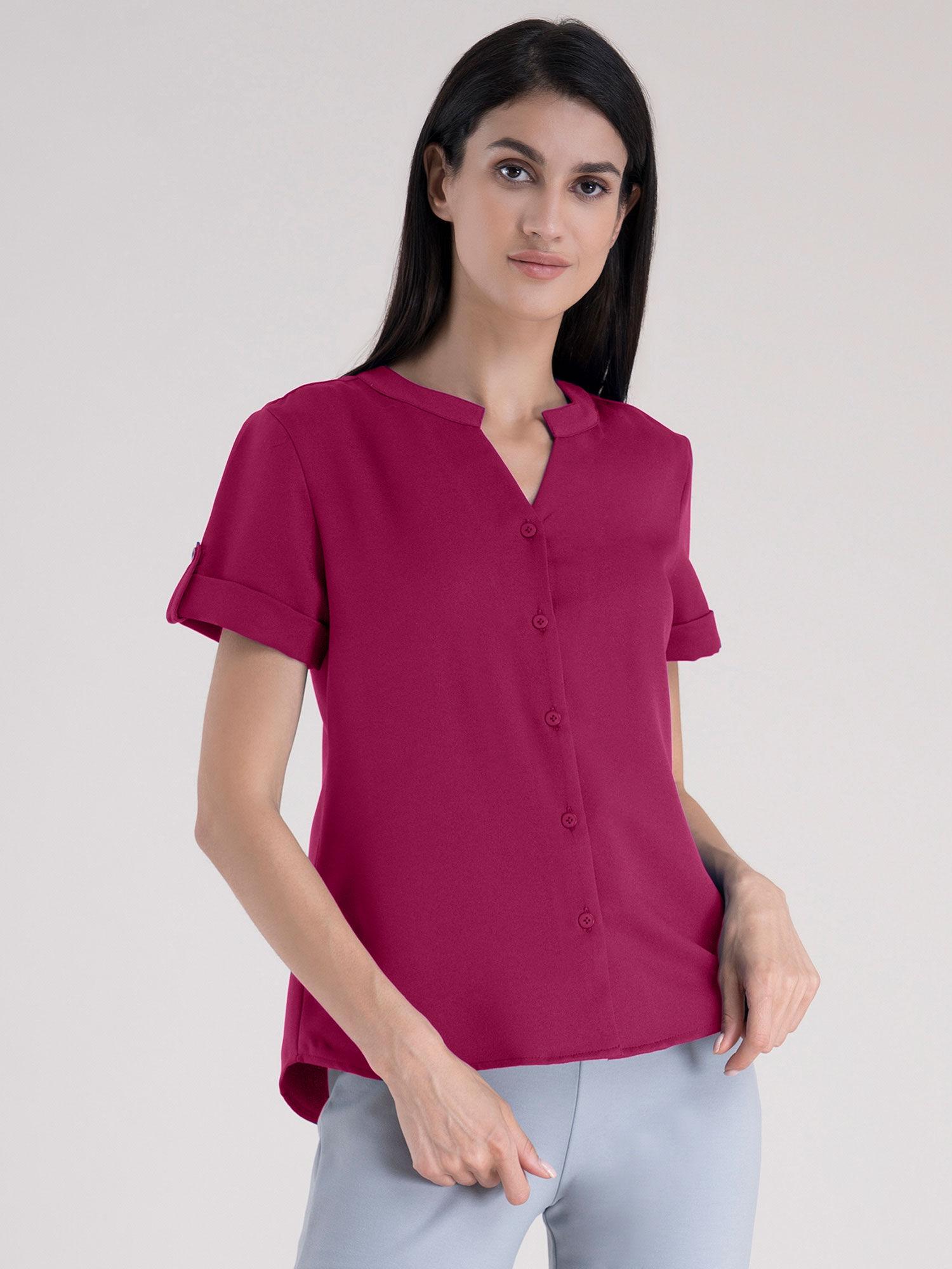 mandarin v neck top - fuchsia