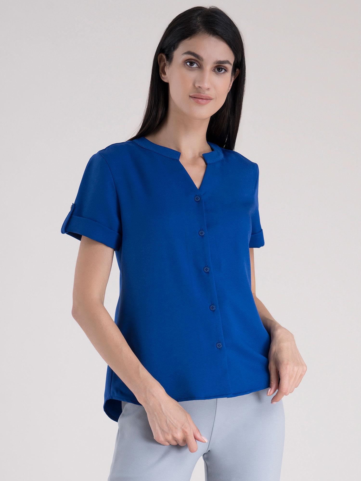 mandarin v neck top - royal blue