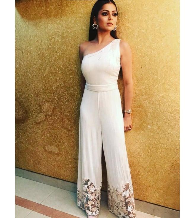 mandira wirk white drashti dhami one shoulder jumpsuit