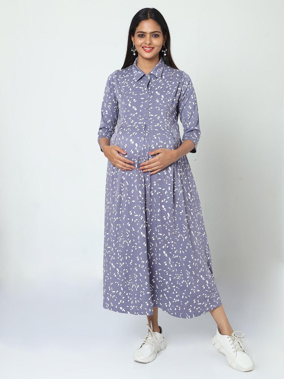 manet conversational printed shirt collar cotton fit & flare maternity dress