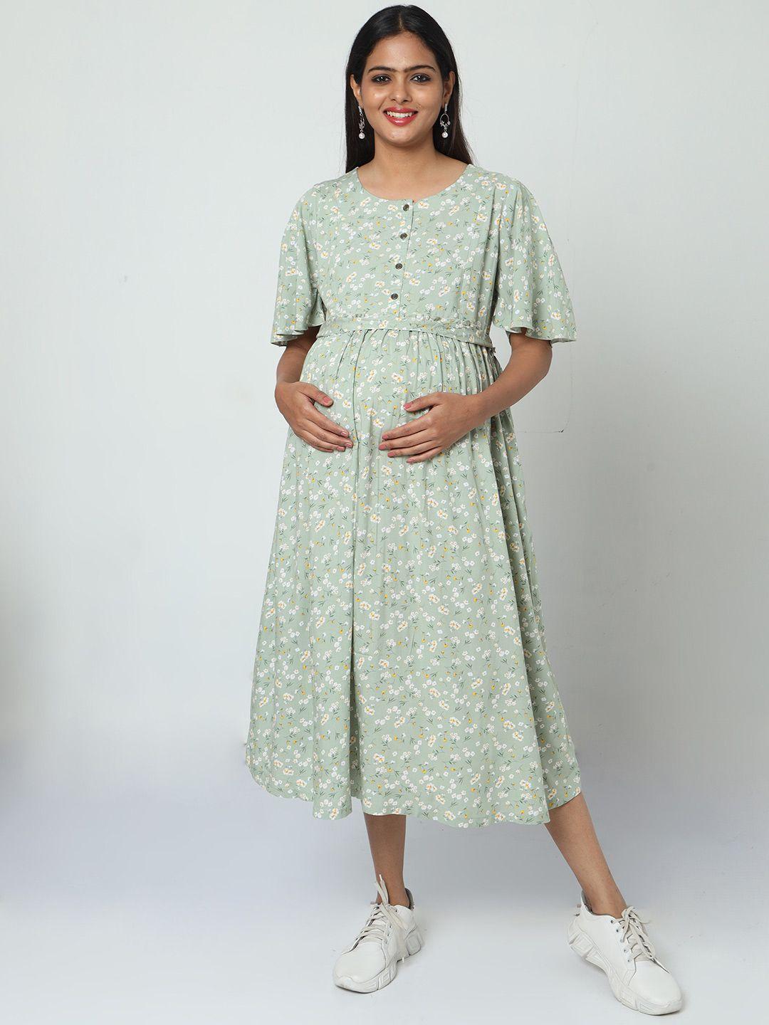 manet floral print a-line cotton maternity midi dress
