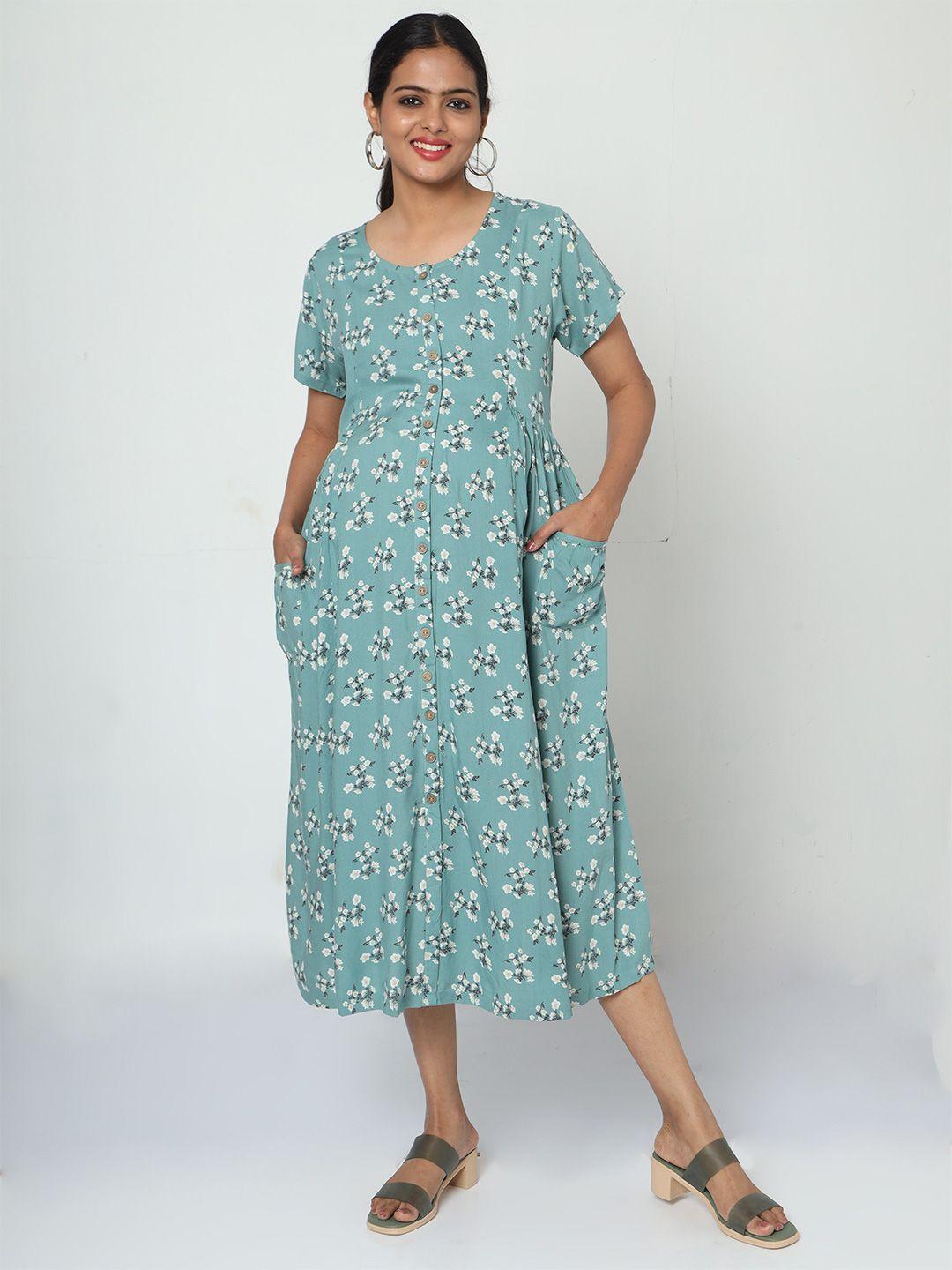 manet floral printed cotton maternity a-line midi dress