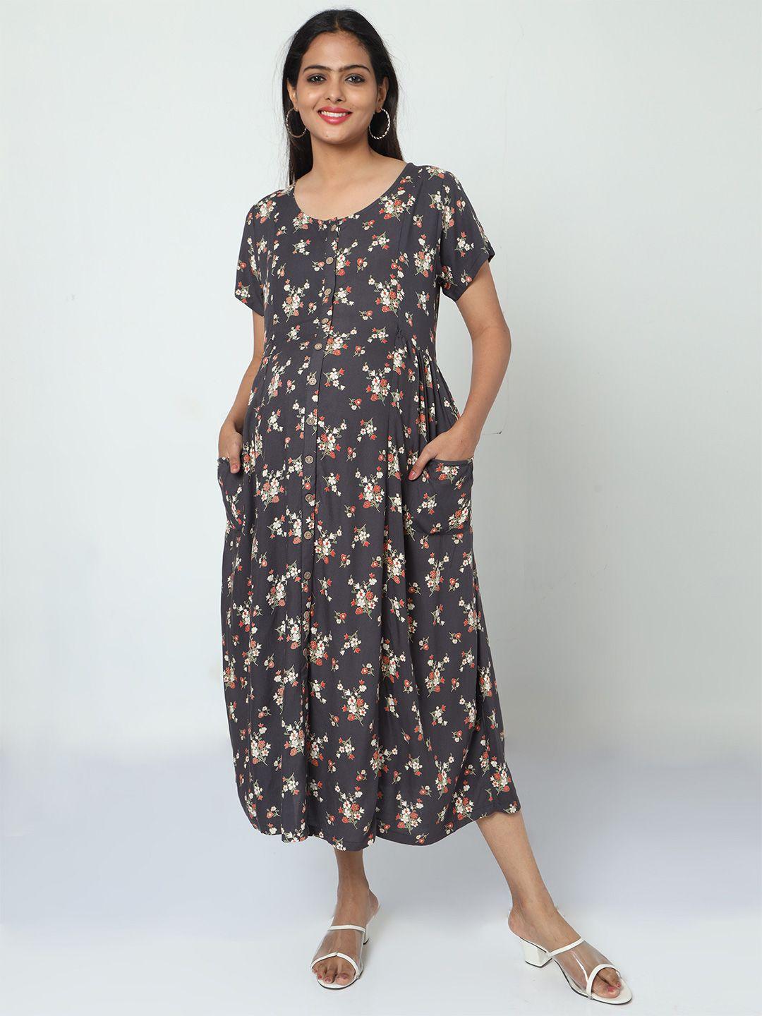 manet floral printed cotton maternity a-line midi dress