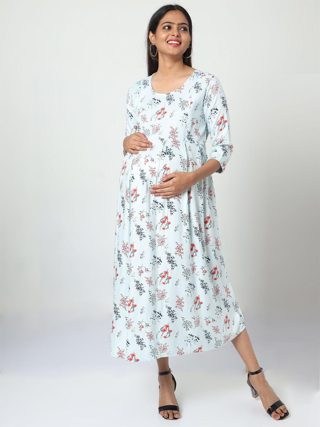 manet floral printed gathered cotton fit & flare  maternity midi dress