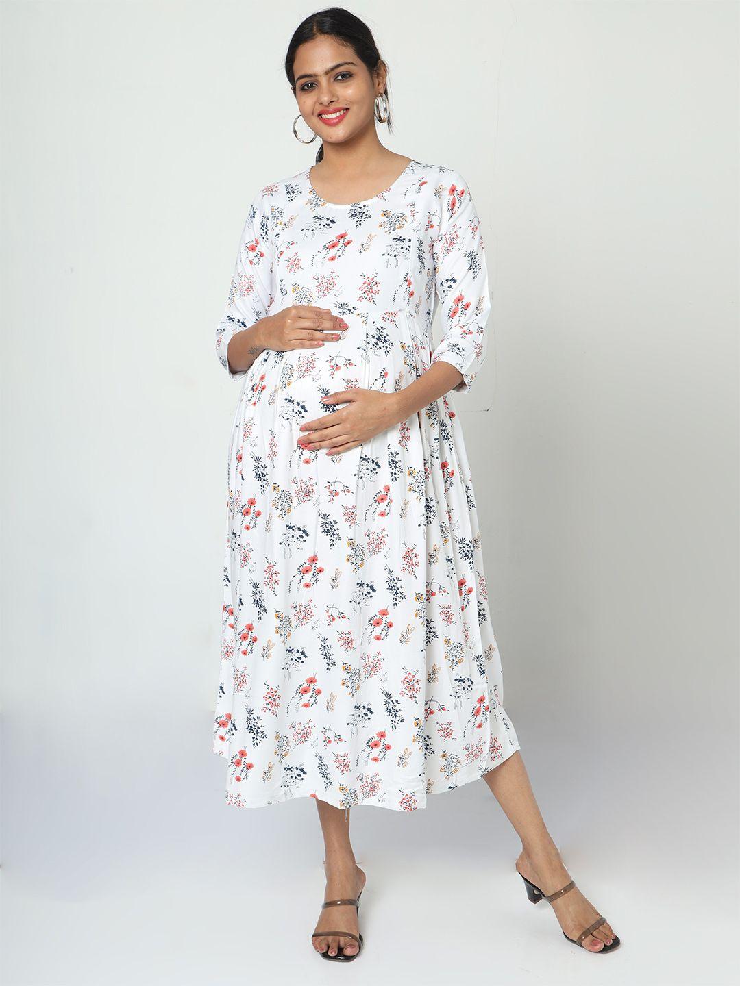 manet floral printed round neck cotton maternity and feeding  midi dress