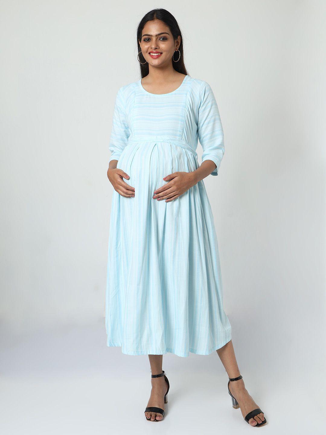 manet striped round neck cotton fit & flare maternity & feeding dress