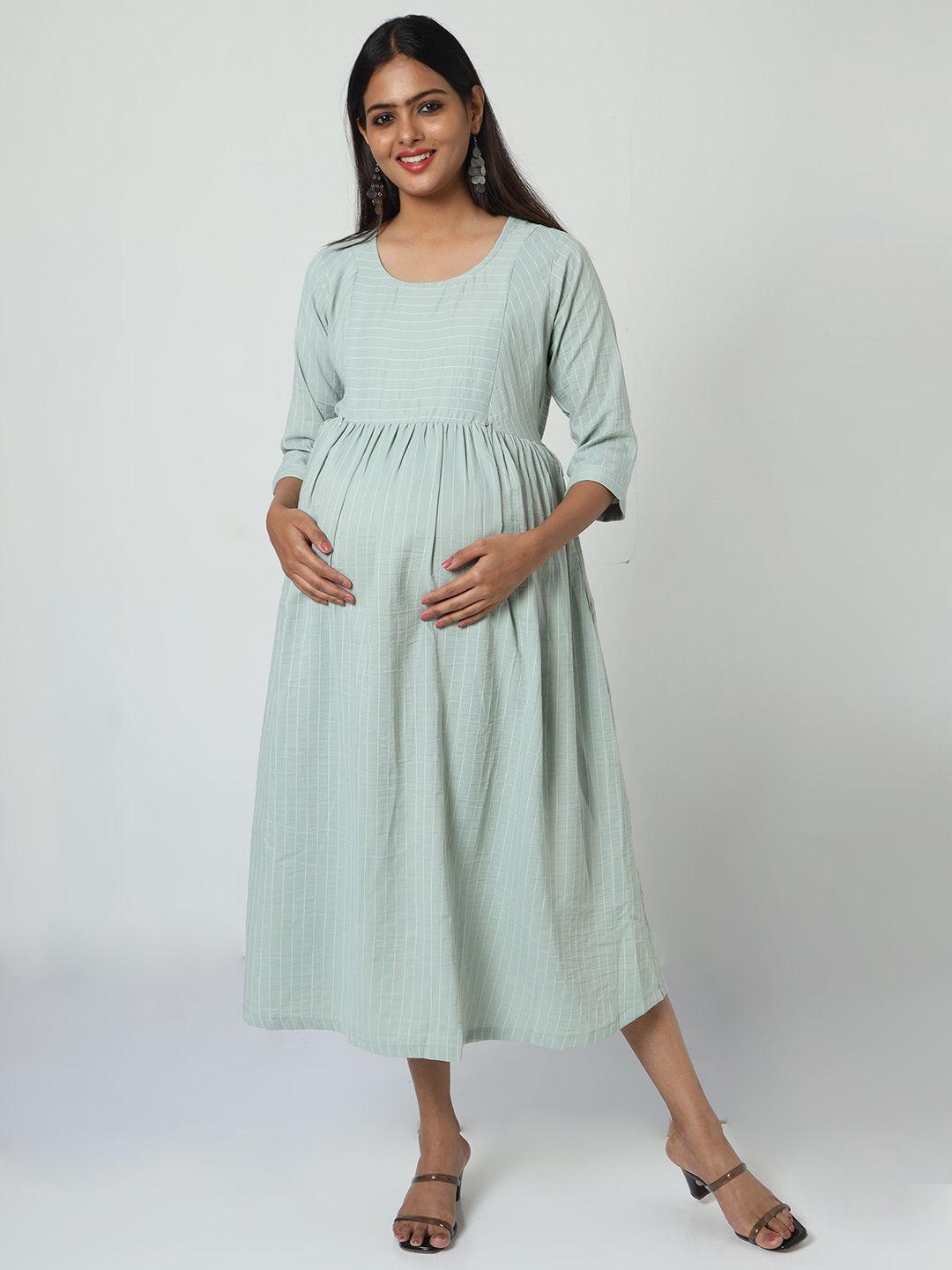 manet striped round neck cotton maternity a-line midi dress