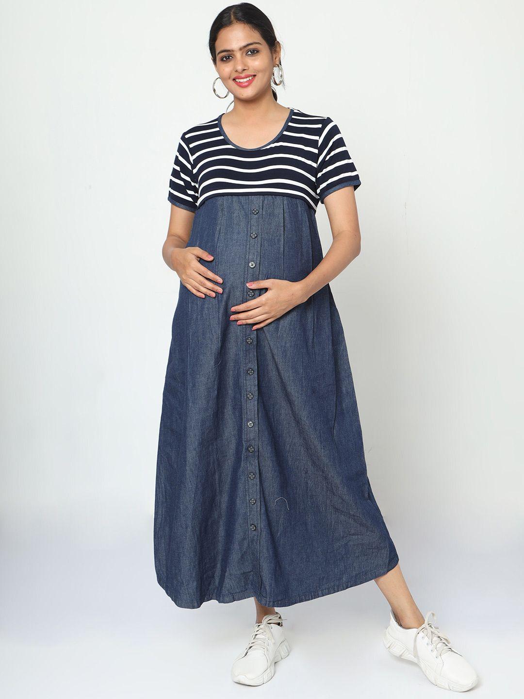 manet striped round neck cotton maternity and feeding a-line dress