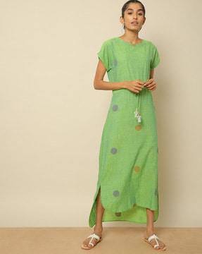 mangalgiri cotton shift dress with waist tie-up