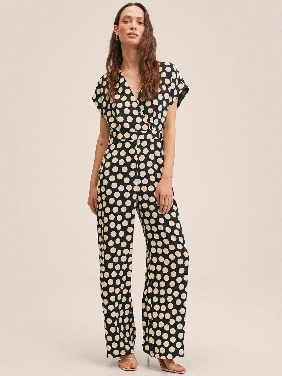 mango black & off white polka dots printed basic jumpsuit