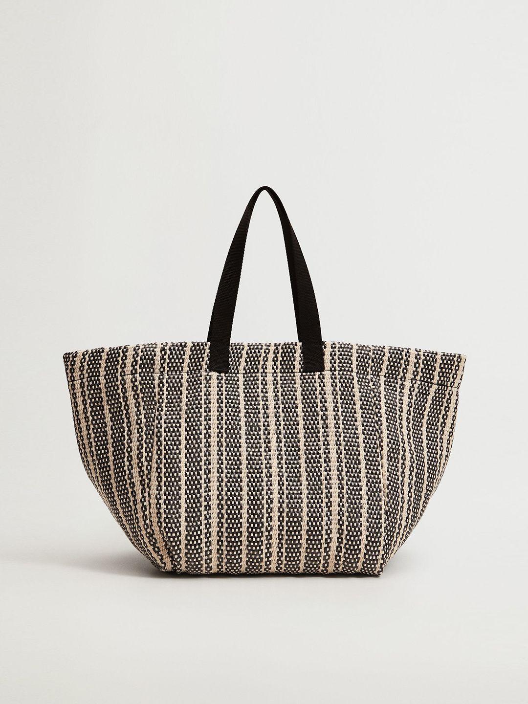mango black & off-white self-striped oversized shopper tote bag
