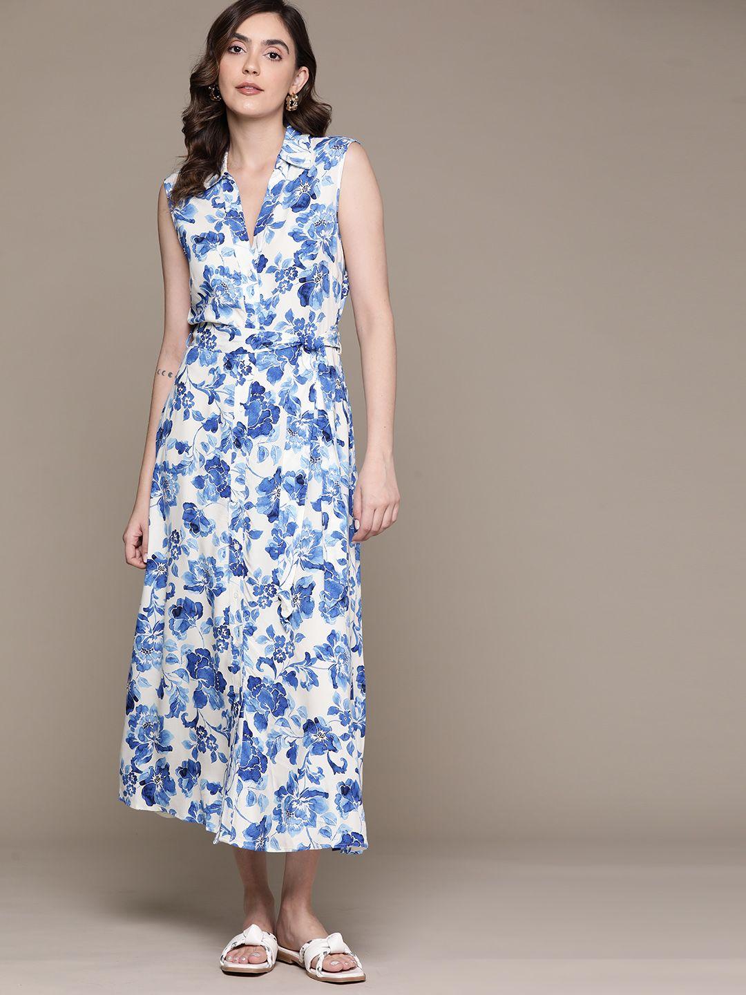 mango-blue-&-white-floral-print-a-line-midi-dress